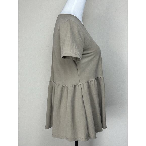 ZARA Women’s Sz S Taupe Short Sleeve Peplum Top Baby Doll Peasant Boho Smocked - Picture 2 of 7